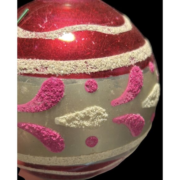 Vtg Red Shiny Brite Hand Painted w Pink White Glitter Glass Christmas Ornament - Picture 5 of 8